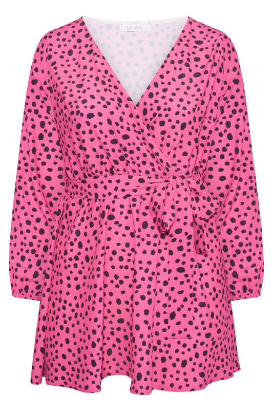 YOURS LONDON Plus Size Bright Pink Dalmatian Print Split Sleeve Wrap Top | Yours Clothing 6