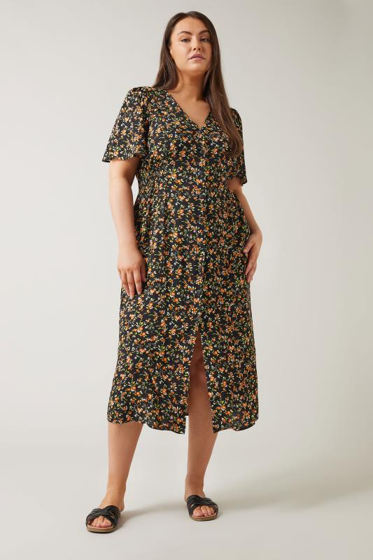 EVANS Plus Size Black & Orange Floral Print Midi Dress | Evans 2
