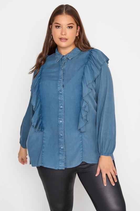 LIMITED COLLECTION Curve Blue Frill Chambray Shirt 1