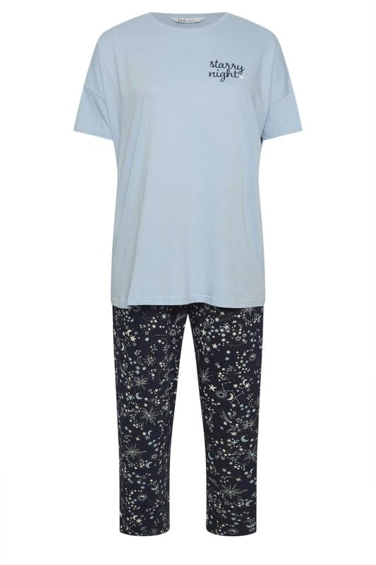 YOURS Plus Size Blue 'Starry Night' Star Print Wide Leg Pyjama Set | Yours Clothing 5