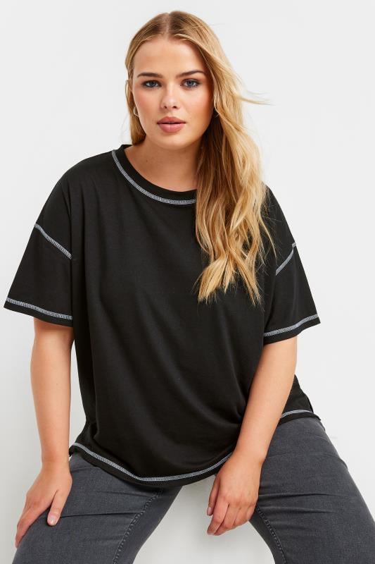 YOURS Plus Size Black Contrast Stitch T-Shirt | Yours Clothing 1