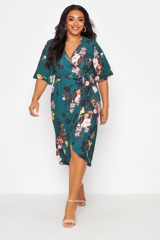 YOURS LONDON Plus Size Green Floral Print Wrap Dress | Yours Clothing 1