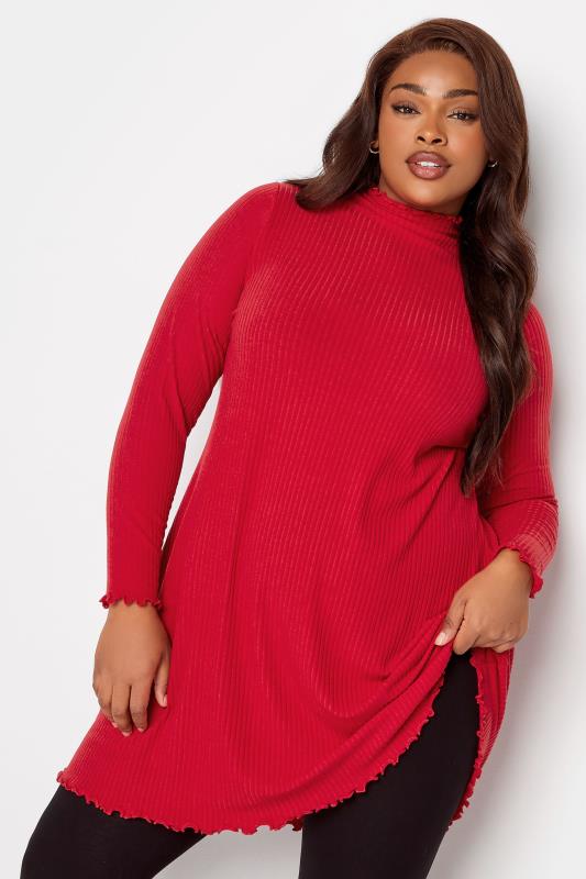 Grande Taille YOURS Curve Red Ribbed Lettuce Hem Tunic Dress