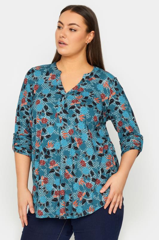 Plus Size  Evans Blue Floral Print Jersey Shirt