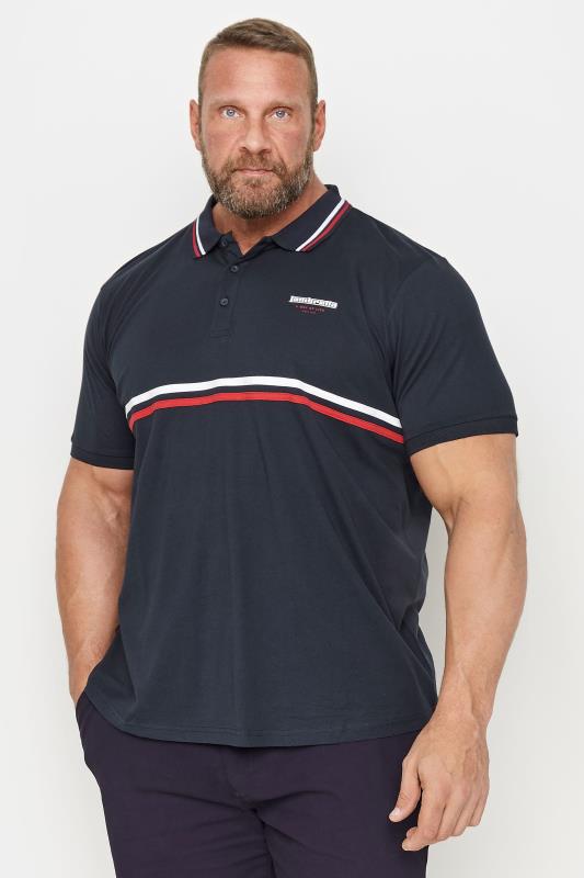 LAMBRETTA Big & Tall Plus Size Navy Blue Stripe Polo Shirt | BadRhino  1