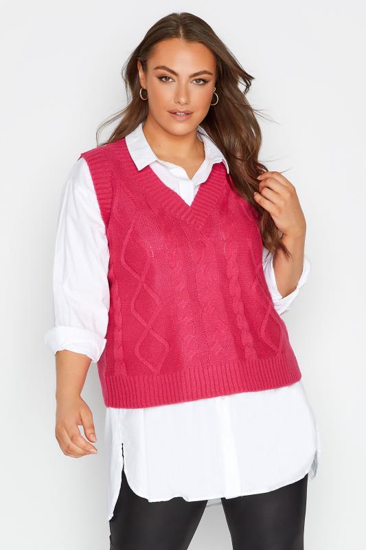 Plus Size  Curve Hot Pink Cable Knit Sweater Vest Top