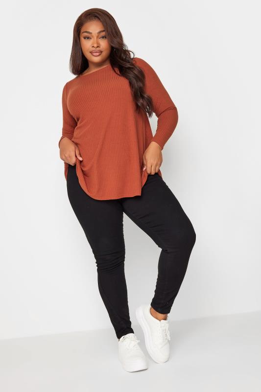 YOURS Plus Size Rust Orange Ribbed Long Sleeve Swing Top | Yours Clothing 2