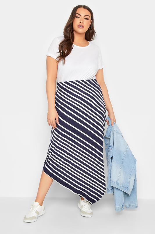 YOURS Curve Plus Size Navy Blue Stripe Asymmetric Skirt | Yours Clothing