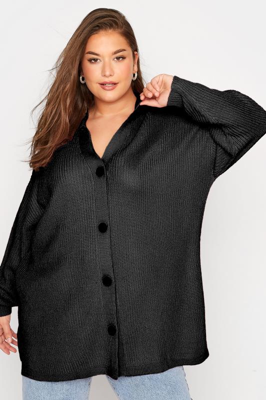 Plus Size  Curve Black Knitted Collar Cardigan