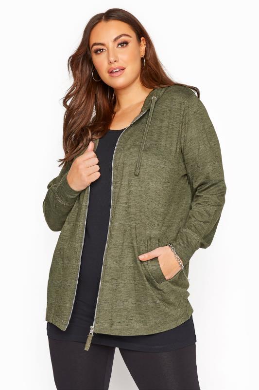 Plus Size  YOURS Curve Green Marl Zip Through Hoodie