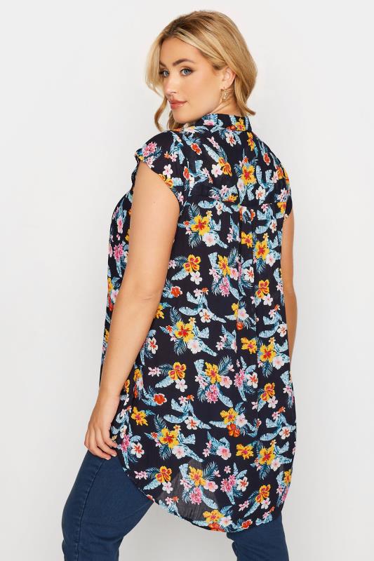 Plus Size Navy Blue Floral Print Cap Sleeve Dipped Hem Shirt | Yours Clothing 3