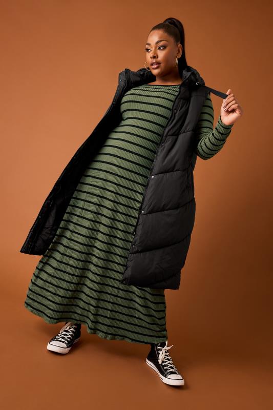  Grande Taille YOURS Curve Khaki Green Stripe Ribbed Swing Maxi Dress