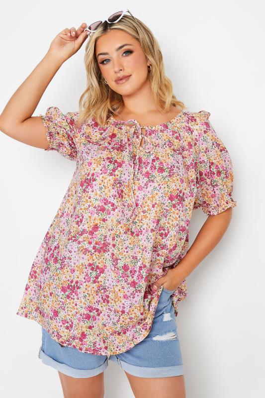 Plus Size  YOURS Curve Pink Ditsy Print Gypsy Top