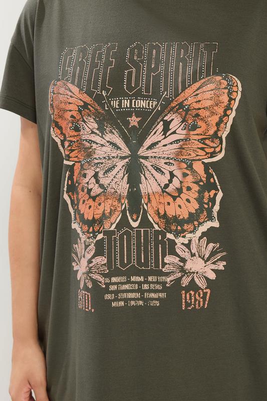 YOURS Plus Size Khaki Green 'Free Spirit' Butterfly Embellished T-Shirt | Yours Clothing 4