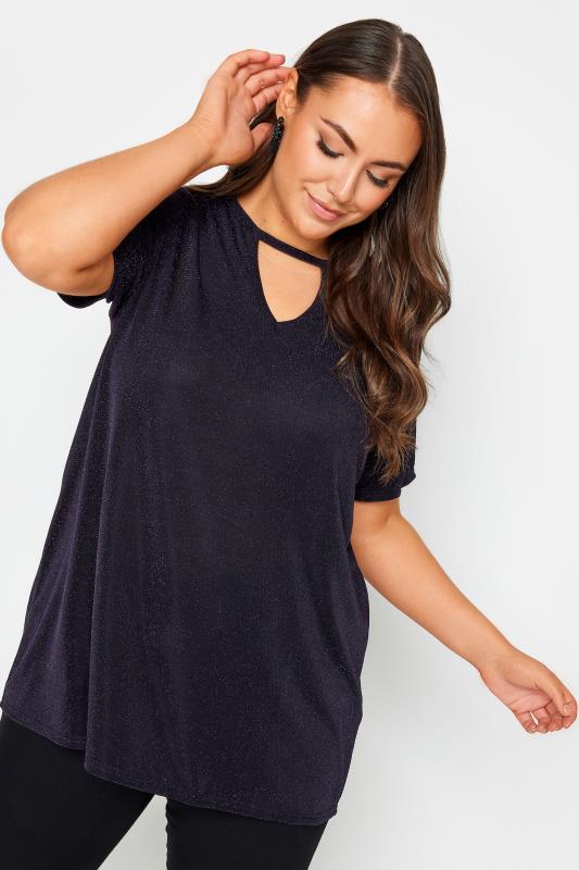 YOURS Plus Size Purple Cut Out Neck Glitter Top | Yours Clothing 1