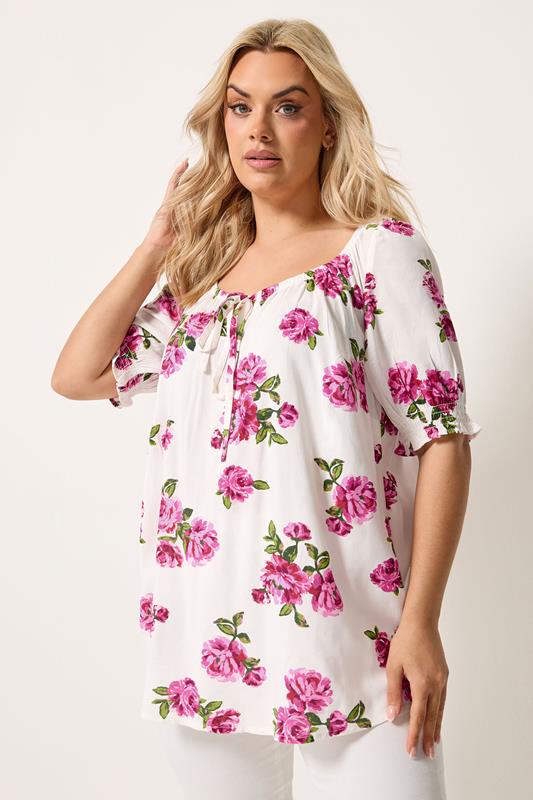  YOURS top blanco estampado floral mangas abullonadas