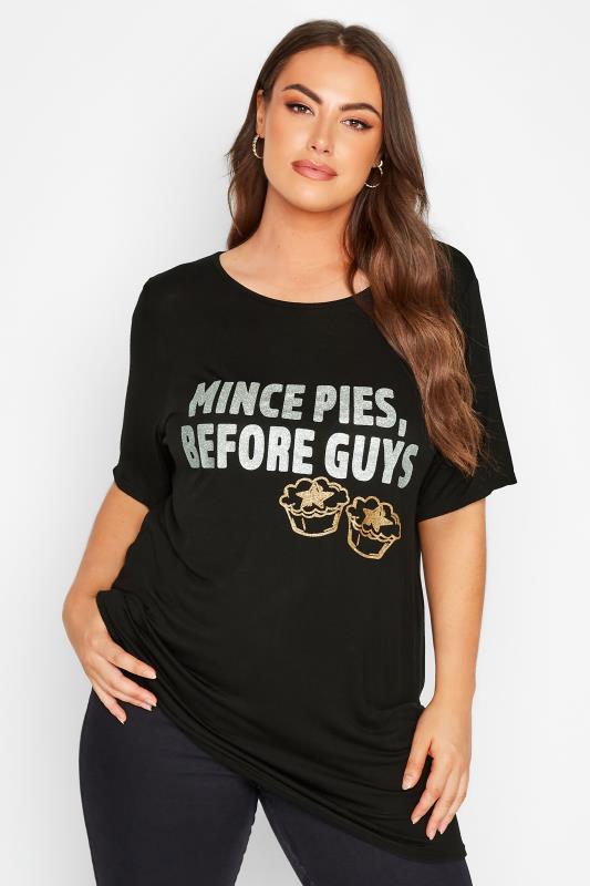 LIMITED COLLECTION Plus Size Black Glitter 'Mince Pies' Slogan Christmas T-Shirt | Yours Clothing 1