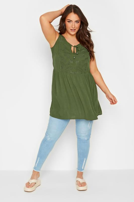 YOURS Plus Size Khaki Green Embroidered Peplum Vest Top | Yours Clothing 2