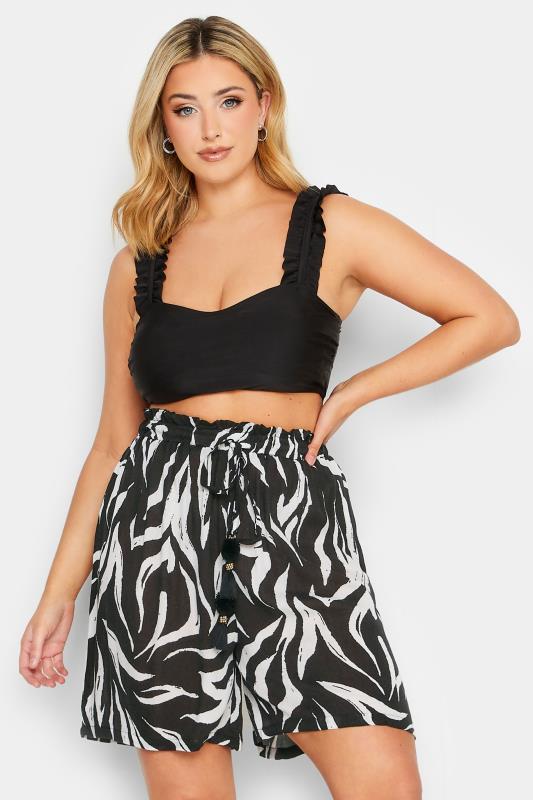 YOURS Plus Size Black Animal Print Tassel Beach Shorts | Yours Clothing 1