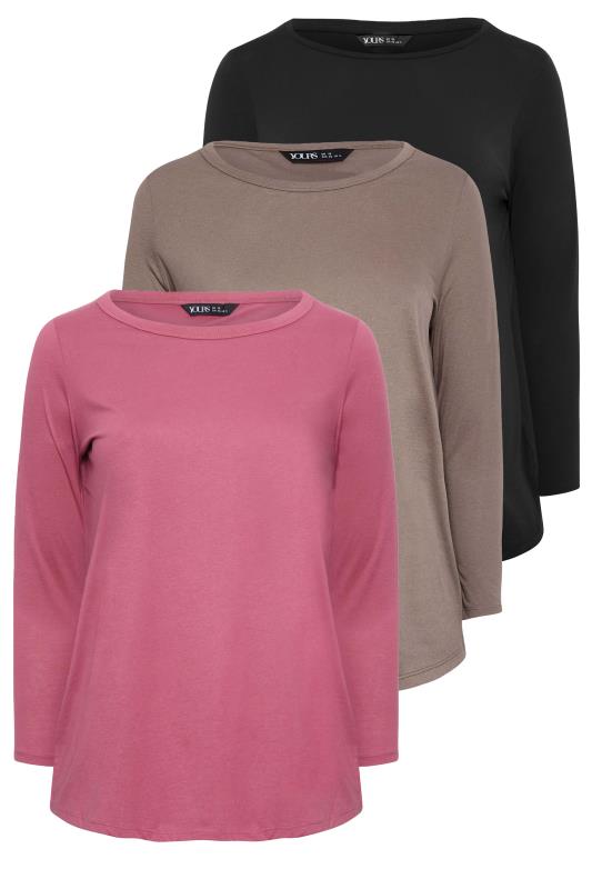 YOURS 3 PACK Plus Size Pink & Black Long Sleeve Tops | Yours Clothing 8