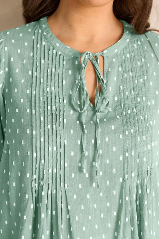 EVANS Curve Dobby Tie Neck Green Sage Blouse | Evans 4