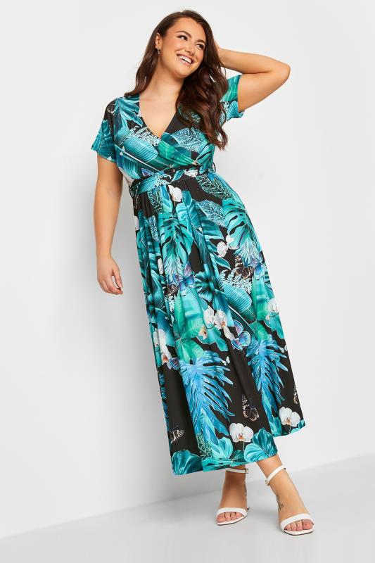 YOURS Plus Size Blue Leaf Print Wrap Neck Dress | Yours Clothing 1