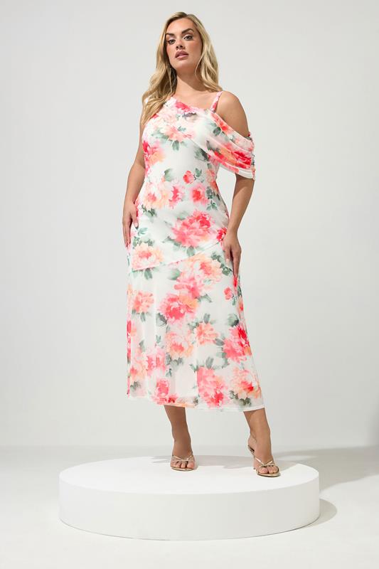 YOURS LONDON Plus Size White Floral Drape Shoulder Dress | Yours Clothing 1