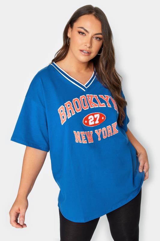 YOURS Plus Size Blue 'Brooklyn New York' Slogan V-Neck T-Shirt | Yours Clothing 1