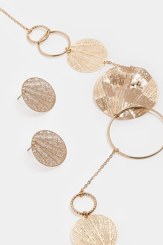 Gold Tone Long Circle Necklace & Earrings Set | Yours Clothing 2