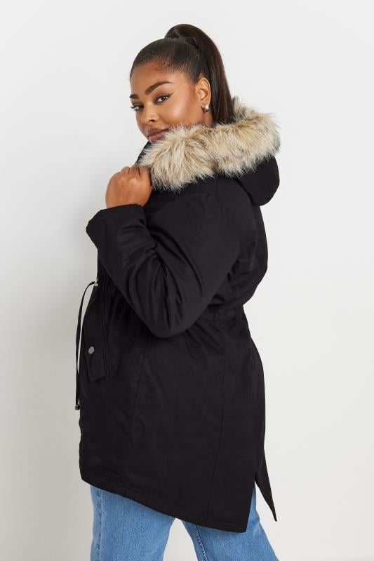 YOURS PETITE Plus Size Black Faux Fur Trim Parka Jacket | Yours Clothing 3