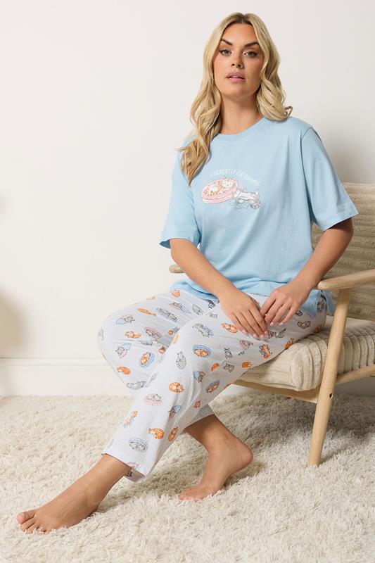 YOURS conjunto de pijama azul con pernera ancha y el eslogan «Currently Cat Napping»