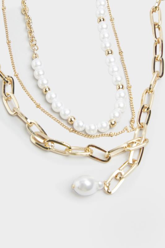 Gold Tone Triple Chain Pearl Necklace 3
