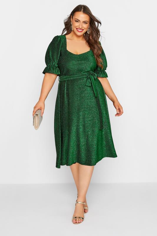 YOURS LONDON Plus Size Green Glitter Puff Sleeve Midi Dress | Yours Clothing 1
