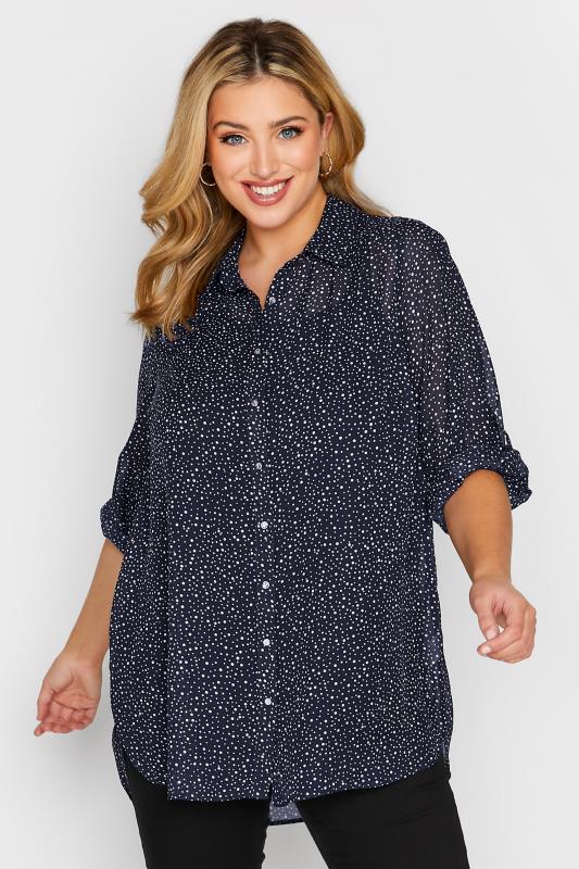 YOURS Plus Size Navy Blue Polka Dot Button Through Shirt | Yours Clothing 1
