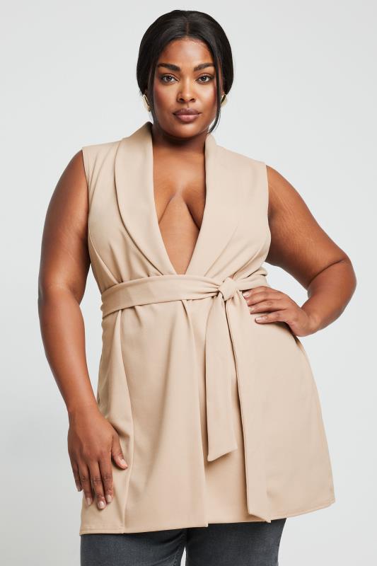 LIMITED COLLECTION Plus Size Natural Brown Sleeveless Blazer | Yours Clothing 1