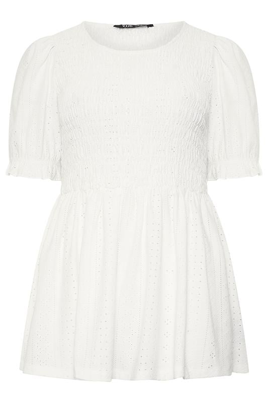 YOURS Plus Size White Broderie Anglaise Shirred Puff Sleeve Top | Yours Clothing 5