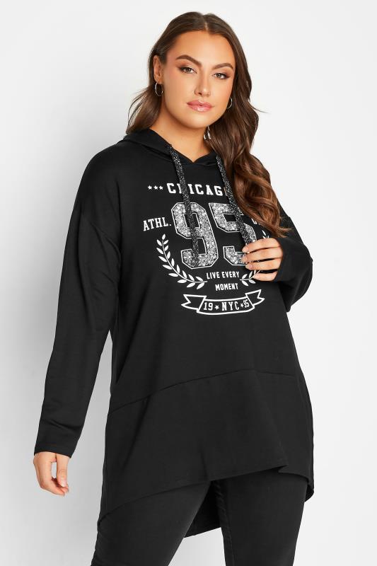Plus Size Black 'Chicago' Print Dipped Hem Hoodie | Yours Clothing 1