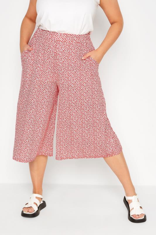 Plus Size  Curve Red Ditsy Print Jersey Culottes