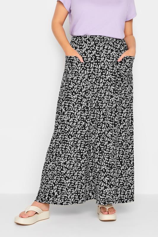Plus Size  YOURS Curve Black Ditsy Print Pocket Detail Maxi Skirt
