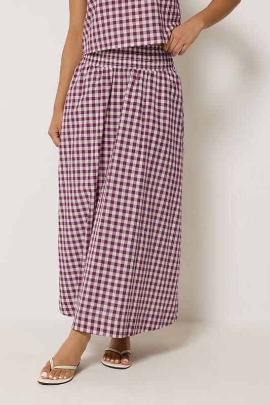 PixieGirl Petite Women's Plum Purple Gingham Cotton Shirred Maxi Skirt | PixieGirl 1