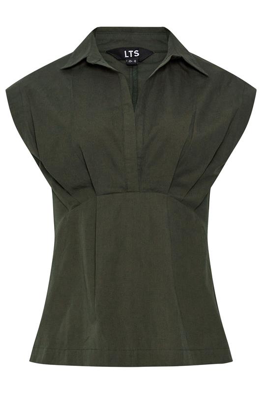 LTS Tall Women's Olive Green Open Collar Cotton Pleated Shirt | Long Tall Sally 5