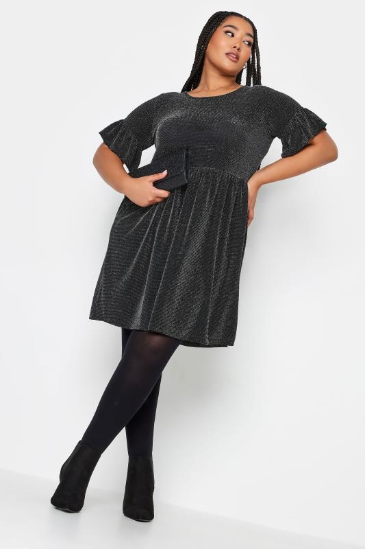 YOURS Curve Plus Size Black & Silver Frill Sleeve Tunic Dress | Yours Clothing  2