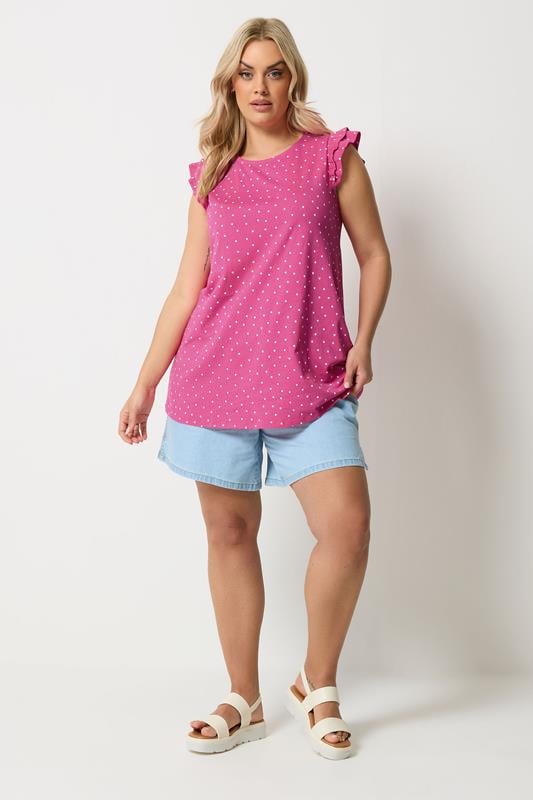 YOURS Plus Size Pink Polka Dot Frill Sleeve Vest Top | Yours Clothing 1