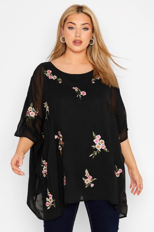  Grande Taille YOURS LONDON Curve Black Embroidered Floral Cape Top