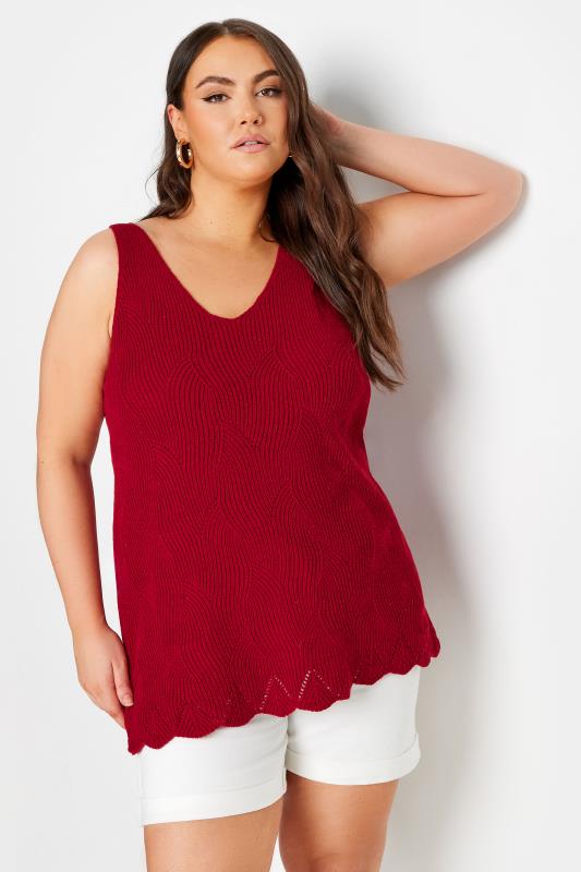 YOURS Plus Size Red Scallop Hem Knitted Vest Top | Yours Clothing 1