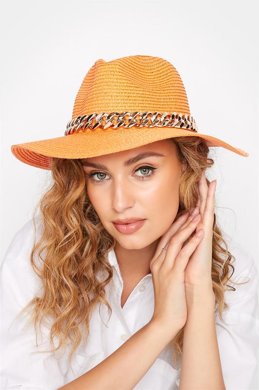 Bright Orange Straw Chain Fedora Hat 2