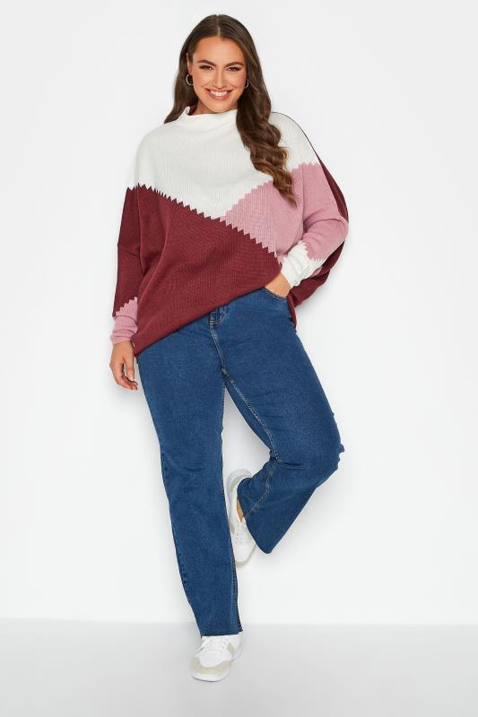 Curve White & Pink Colour Block Turtle Neck Oversized Jumper | Yours Clothing 3