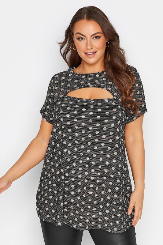 Plus Size Black Polka Dot Stripe Print Cut Out Top | Yours Clothing  1