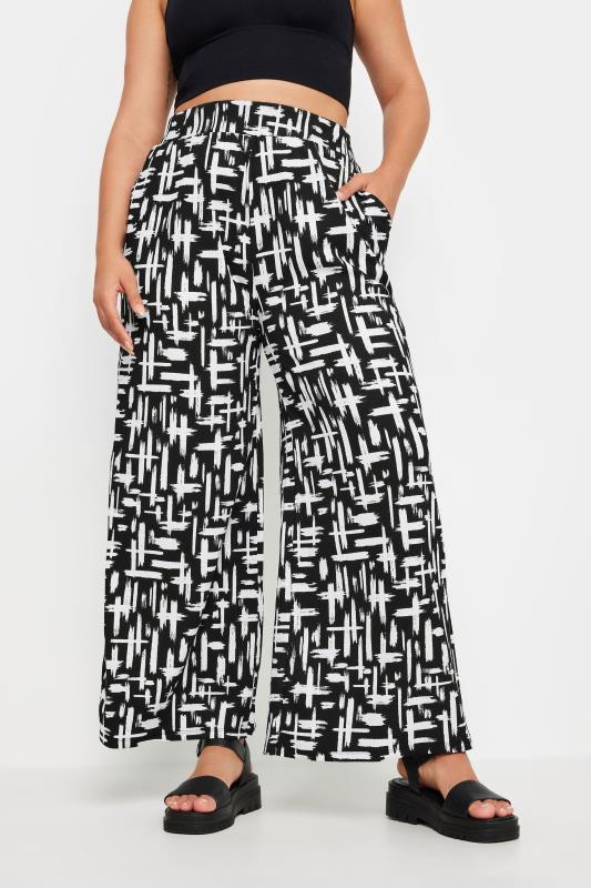 YOURS Plus Size Black Abstract Print Textured Wide Leg Trousers | Yours Clothing 1