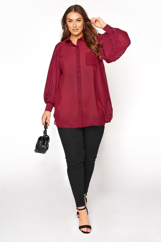 YOURS LONDON Curve Burgundy Red Pleat Sleeve Shirt 2